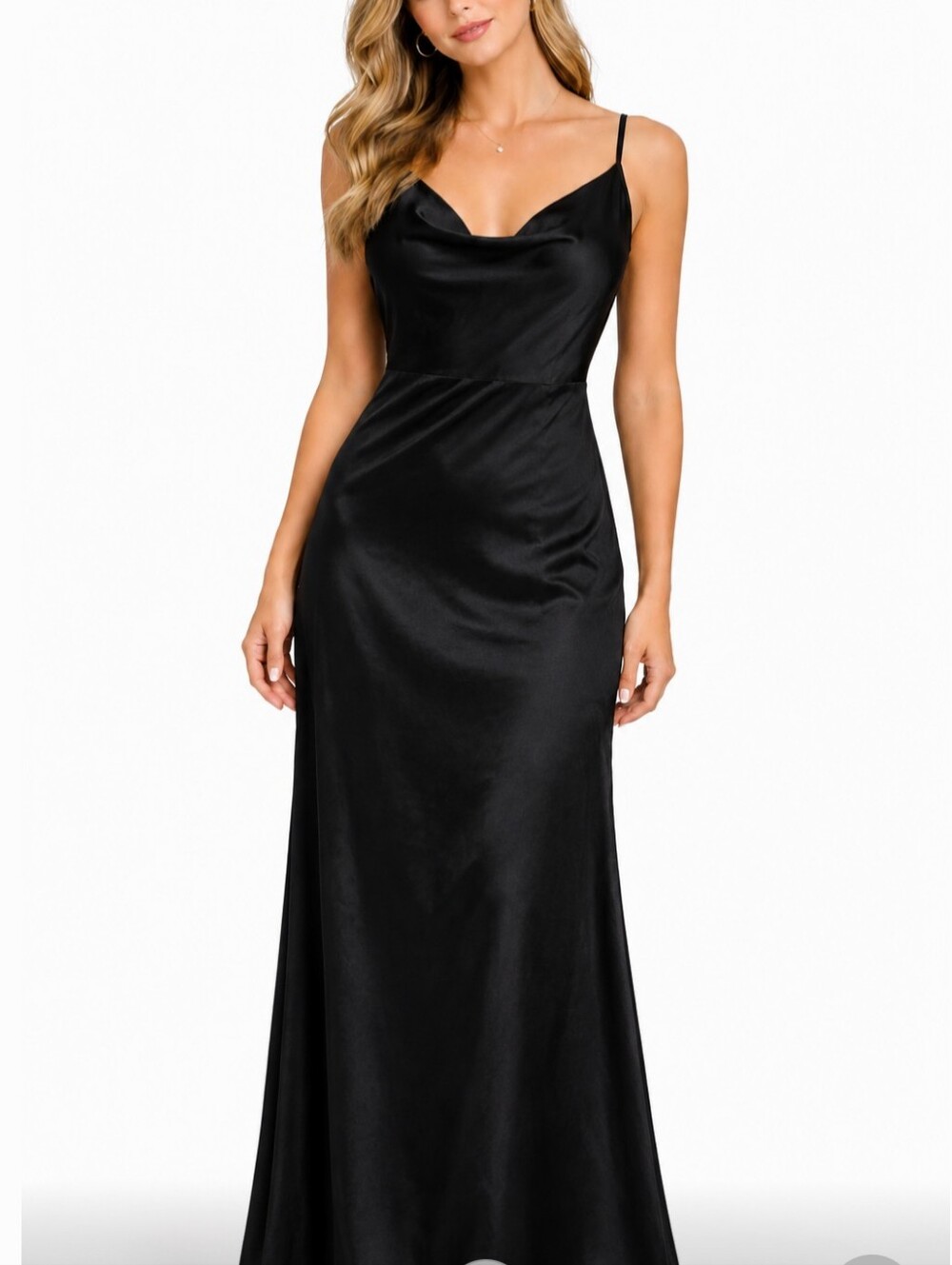 Lulus Black formal gown, Size L Floor Length, Thin Straps Cowl Neck NWT L